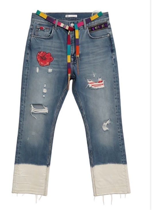 Zara Denim - ZARA • Boho Embellished Bleached Cuff Distressed Jeans w. Bead & Floral Detail